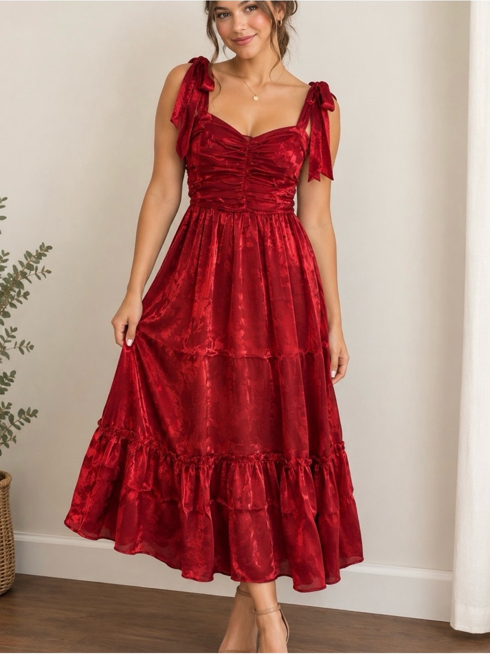 In February Red Satin Holiday Party Dress with Ruffle Hem Strap Tie NWT